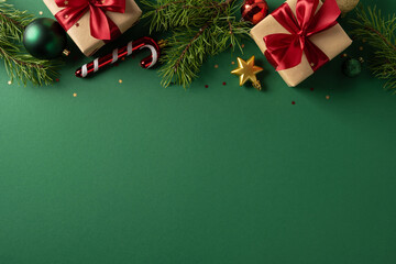 Obraz premium Festive Christmas presents with red bows, ornaments and pine branches on green background
