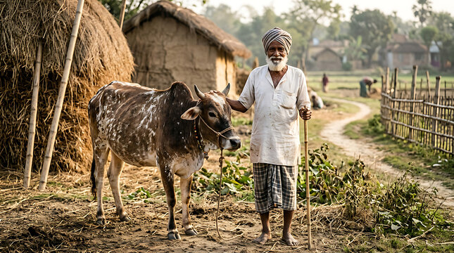 Elderly farmer standing with a bull near a haystack in a rural farm, haystack