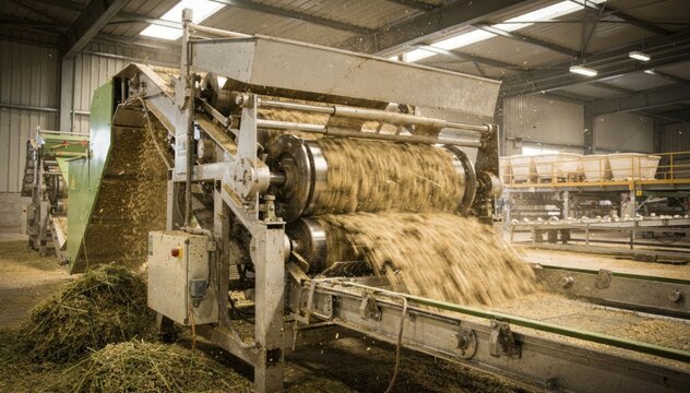 Medium shot showcasing a highcapacity threshing machine efficiently removing stems from lamina designed for largescale crop processing with robust mechanical action.