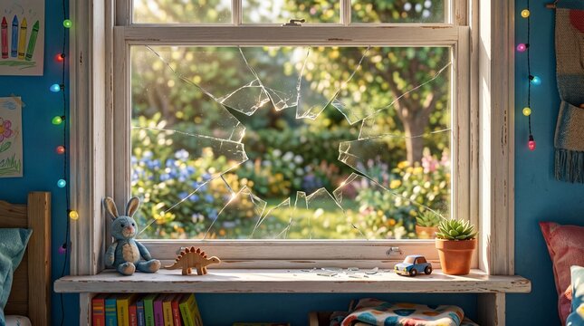 Broken window in empty childs bedroom with toys on sill overlooking sunny garden. Stuffed rabbit dinosaur and car left behind books crayons