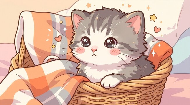 Adorable chaton 1 mois dans un panier avec du tissu dans un style manga
