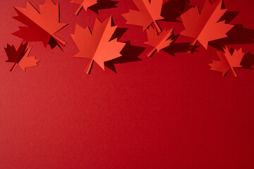 Obraz premium Red paper maple leaves on red background for Canada Independence Day celebration and patriotic decoration
