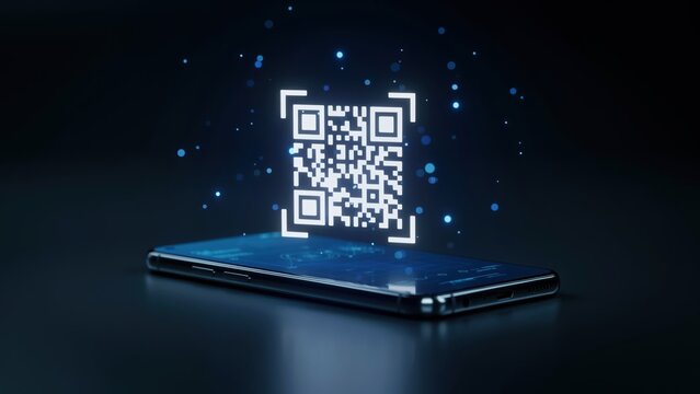 Futuristic QR code hologram scanning from a mobile phone on a dark bokeh background
