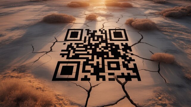 Black QR code integrated into cracked dry soil of a parched desert landscape at sunset.