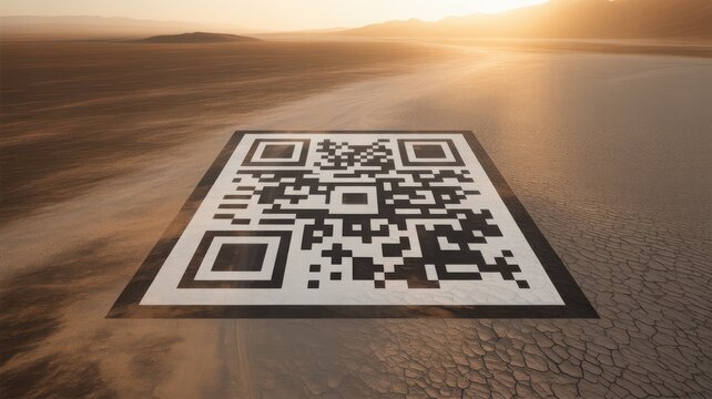 Large QR code on white panel placed on a cracked dry desert landscape at sunset.