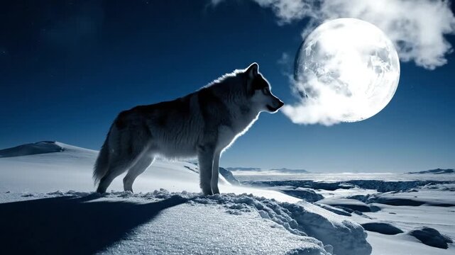 Majestic Wolf Howling at the Full Moon on a Snowy Winter Night Landscape