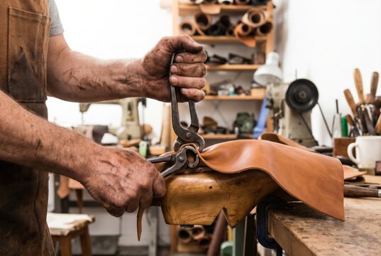 Cobbler using pincers to stretch and attach leather over a wooden shoe last