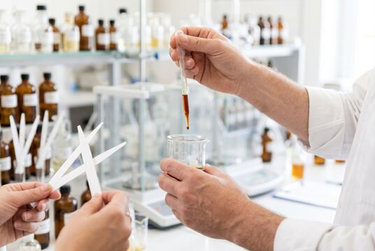 Chemist or perfumer dripping liquid from a pipette into a beaker next to scent strips