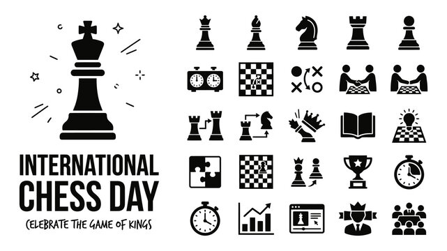 International Chess Day icon set, black flat vector symbols for game of kings, professional chess tournament and strategy competition elements Editable Vector.
