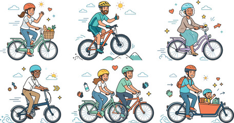 Obraz premium Cute cartoon people riding bicycles including mountain bike folding bike cargo bike and city cruiser vector illustration isolated on white