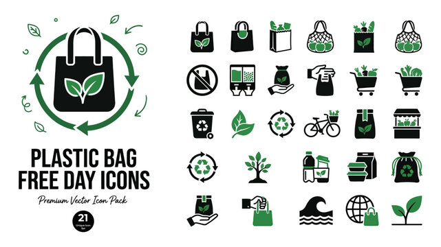Plastic bag free day icons, 25 eco-friendly shopping vector elements, sustainable lifestyle and zero waste symbols for environmental awareness Editable Vector.
