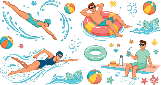 Cute cartoon people swimming in pool water diving and relaxing on inflatable ring float vector illustration isolated on white background