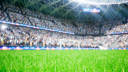 3D illustration of brightly lit football pitch with large stadium crowd in background cheering during sunny day, close up of green soccer grass field and fans in international competition arena. © DC Studio