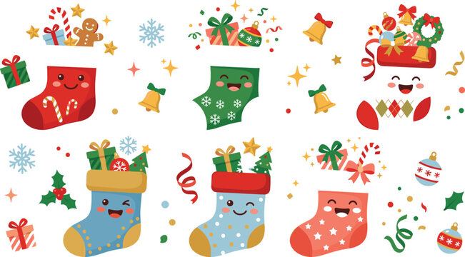 Cute Christmas holiday stocking sticker set with smiling winter socks filled with gifts candy canes and trees vector illustration isolated