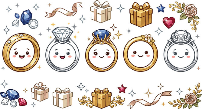 Cute diamond wedding ring cartoon character set with gold and silver engagement bands gift boxes and ruby gemstones vector illustration isolated