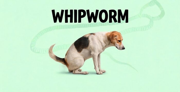 A dog experiencing defecation, with the text WHIPWORM displayed above and a stylized depiction of a worm in the background, highlighting a health concern.