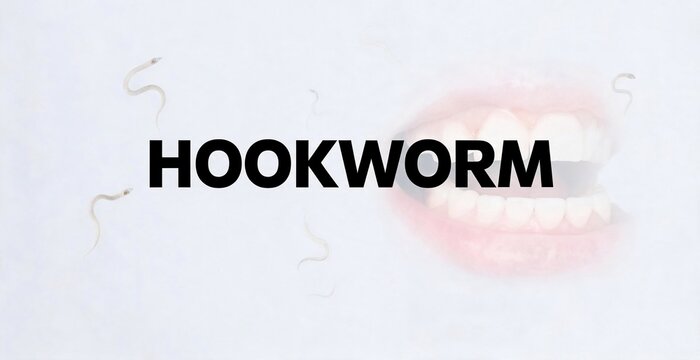 Graphic hookworm illustration with open mouth and teeth, depicting infection and disease, abstract representation, health hazard concept.