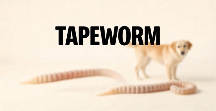 Giant tapeworm segments, resembling segmented worms, are pictured alongside a golden retriever dog, illustrating a concept related to parasitic infection and animal health.