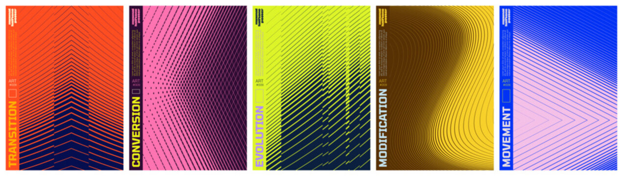 Abstract geometric vector poster set with halftone grid and optical illusion patterns, Shape distortion and linear gradients with transition effect, dynamic graphic for banner and wall art, kit 6