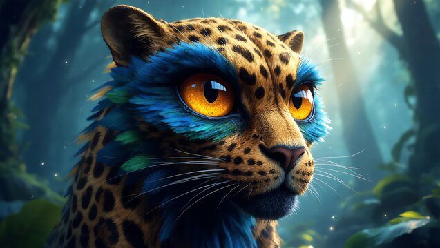 Fantasy leopard creature with blue feathers and large orange eyes
