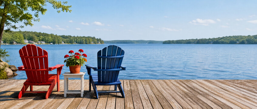 Red and blue wooden chairs on a lake dock with a flower pot. Independence Day patriotic atmosphere for celebration. Quiet summer scenery in United States for Fourth of July holiday.