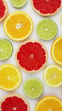 Citrus slices flatlay white background orange grapefruit lemon lime cross section bright colorful food photography slow motion summer vitamin healthy pattern