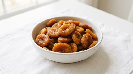 Fototapeta premium Egyptian Dried Apricots in White Bowl - Sun-Dried Orange Apricot Halves Healthy Snack High Vitamin A, Overhead Studio Food Photography White Background