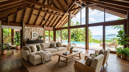 Fototapeta premium Luxury Tropical Villa Living Room with Vaulted Wood Ceilings and Panoramic Ocean View