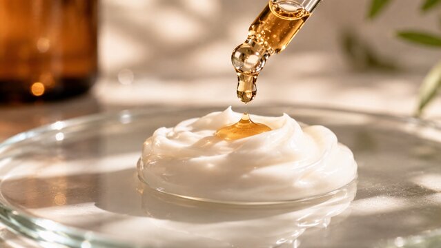Glass pipette dropping golden tanning serum into a dollop of white face moisturizer