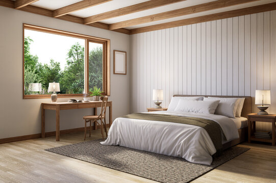 Cozy bedroom interior featuring a comfortable bed with nature view 3d render