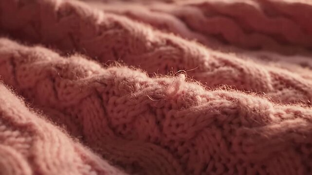 Close-up of pink cable-knit wool sweater texture.