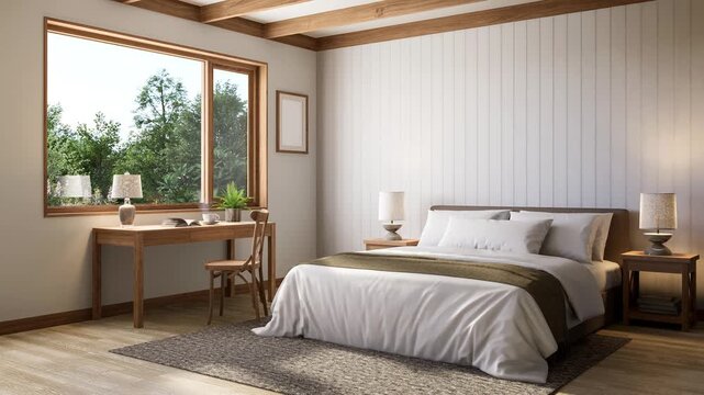Cozy bedroom interior featuring a comfortable bed with white bedding, wooden ceiling beams, and a minimalist workspace by the window overlooking a lush green garden. Warm, bright, and serene atmospher