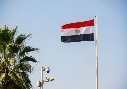 Egyptian flag waving on flagpole with palm tree and security cameras