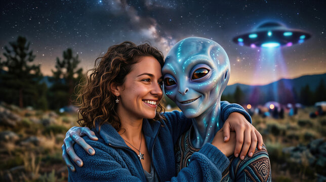 Woman hugging a friendly alien under a starry night sky with a ufo overhead. First contact and friendship between human and extraterrestrial for World UFO Day celebration concept.
