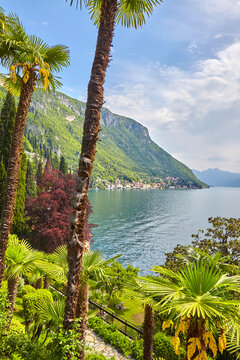 Blick vom Park der Villa Monastero auf den Comer See in der N&auml;he von Varenna in Italien.