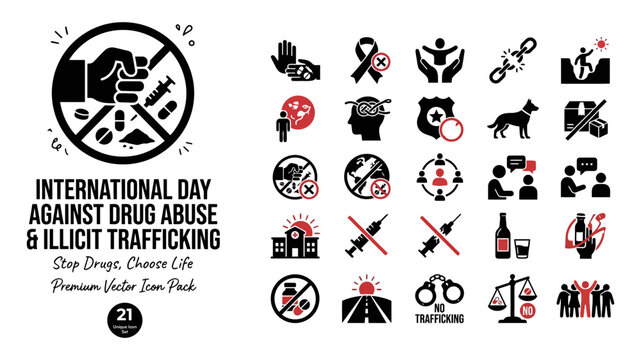 International Day Against Drug Abuse and Illicit Trafficking icon set, 21 anti-drug vector symbols, substance abuse prevention and law enforcement icons Editable Vector.