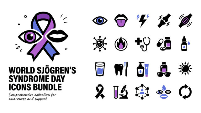 World Sjogren's Syndrome Day icons bundle, medical awareness ribbon and healthcare symbols vector set, autoimmune disease symptoms and treatment icons Editable Vector.