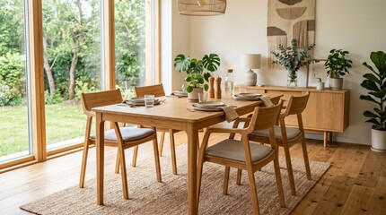 Fototapeta premium Modern Bamboo Dining Table Set for Six in Scandinavian Style Bright Natural Interior.