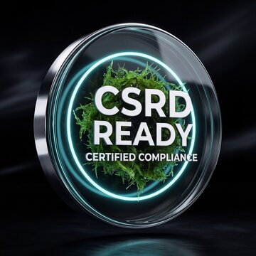 Dark Glassmorphic 3D Badge with "CSRD READY" Text and Glowing Green Moss