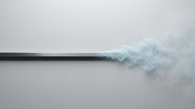Minimalist black metal bar emitting light blue smoke on white background