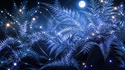 Fototapeta premium Ethereal Silver Fern Fronds Illuminated by Moon and Twinkling Lights in a Dark Forest
