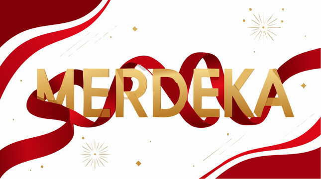 Golden Merdeka Text with Red Ribbons and Festive Accents, Vector Illustration