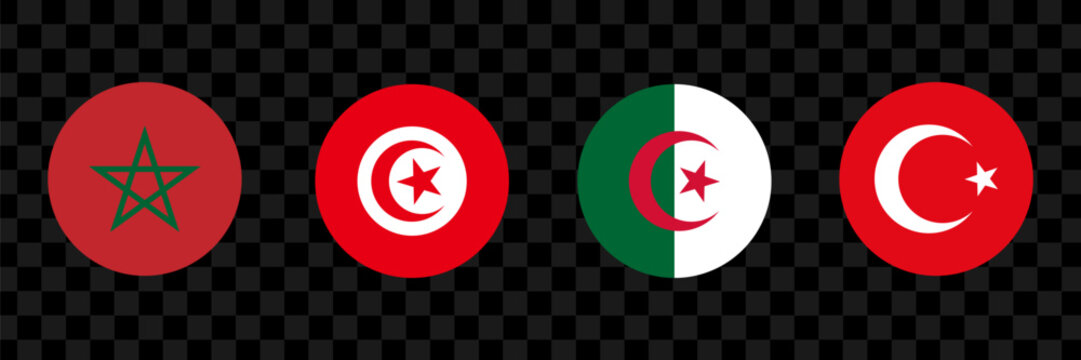 Set of round national flags of Morocco, Tunisia, Algeria and Turkey vector illustration of circular country flags dark background.