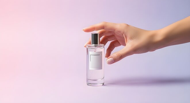 Person holding a transparent perfume bottle on a pastel background. Concept of elegance, luxury lifestyle, beauty, fragrance, sophisticated style, and modern aesthetic.