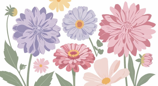 A vibrant illustration featuring a diverse collection of pastel-colored flowers and green foliage, showcasing various bloom types and buds on a white background.