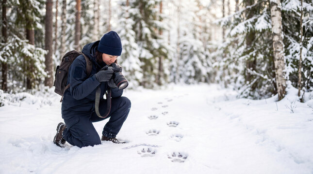 Woman photographer taking picture of animal footprint in snowy forest. Researcher documenting wildlife track in winter. Ecology field study, nature conservation, biology and outdoor adventure