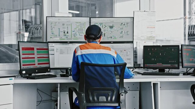 Industrial worker in a uniform operating machinery from a control room, sitting at a desk with multiple monitors displaying diagrams and data for supervising the manufacturing process