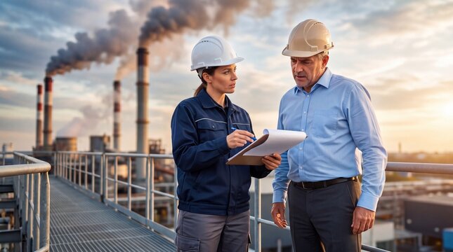 Woman engineer and man supervisor inspecting factory emission. Expert team checking air pollution and ecology. Industrial site safety audit for environmental protection and compliance