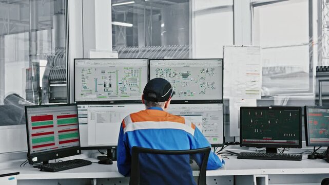 Back view of a male engineer sitting at a desk and operating a complex industrial system on multiple computer monitors, supervising a technological process in a modern control room