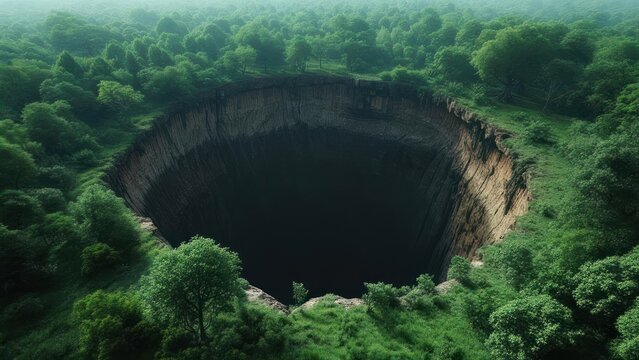 Aerial view of a deep crater in a lush forest